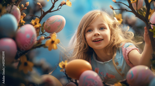 Fête de Pâques, une enfant émerveillée cherchant des œufs dans une nature colorée