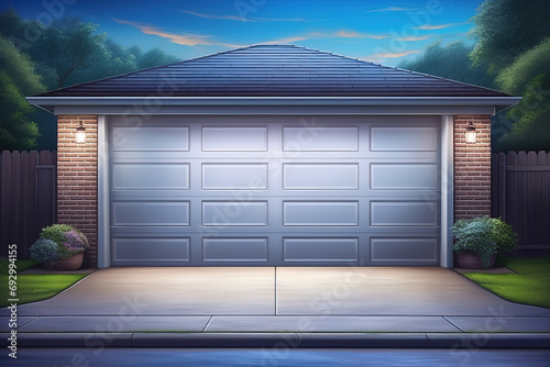 A typical garage door background. A typical American white garage door with a driveway in front photo