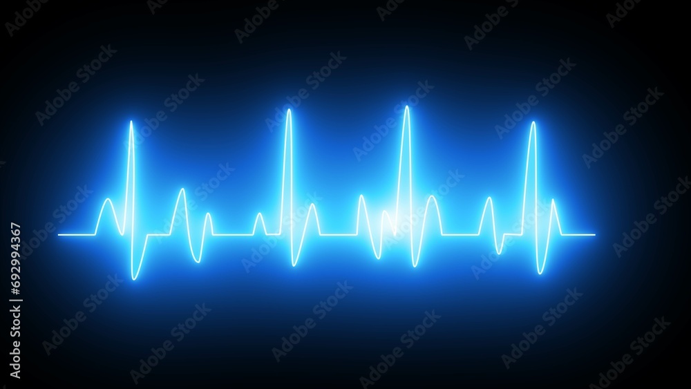Heartbeat line ,ECG diagram. Pulse trace. Blue heartbeat rate and pulse on black screen. Neon heartbeat on black isolated background.