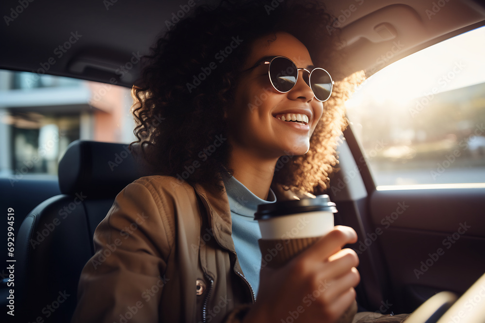 Happy young woman holding cup of coffee to go driving her car, cheerful woman driving car and drinking coffee - obrazy, fototapety, plakaty 