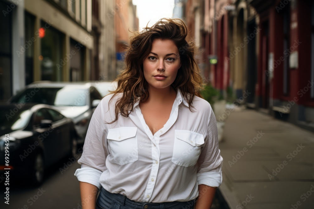 plus size young woman in casual clothes in the middle of the city street looking at the camera.