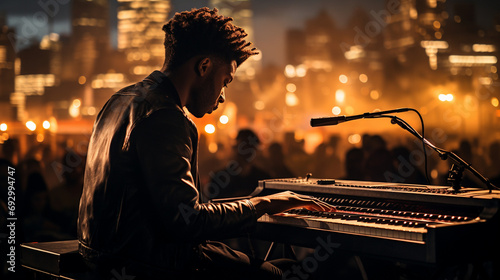 A pianist performing on an open-air stage with the city skyline as a backdrop, combining the beauty of music with an urban setting. photo