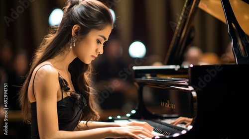 Fotografia A profile view of a pianist engrossed in their playing, capturing the concentration and passion reflected in their facial expression
