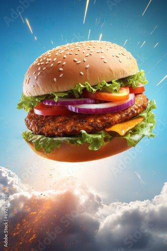 Flying burger with a rocket-like trail 