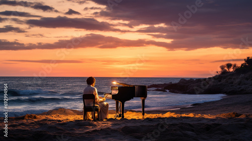 A pianist playing a grand piano on a beach at sunset, merging the beauty of music with the tranquility of nature. © Наталья Евтехова