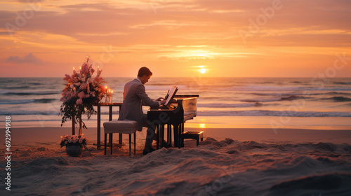 A pianist playing a grand piano on a beach at sunset, merging the beauty of music with the tranquility of nature.