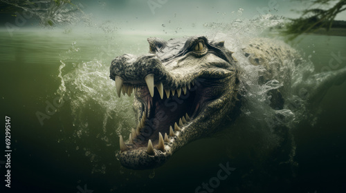 Crocodile jump into a water. Underwater photography. Animal dive into the Depths. Beauty of wild nature. Hunting.