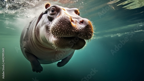 Hippopotamus jump into a water. Underwater photography. Animal dive into the Depths. Beauty of wild nature. Hunting.