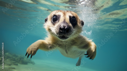 Meerkat jump into a water. Underwater photography. Animal dive into the Depths. Beauty of wild nature. Hunting.
