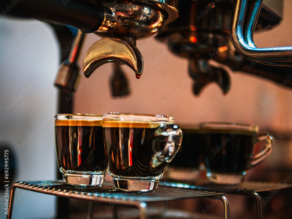 Close up of Espresso shot with coffee crema and Professional coffee machine while preparing two espressos shot glass in a coffee shop.