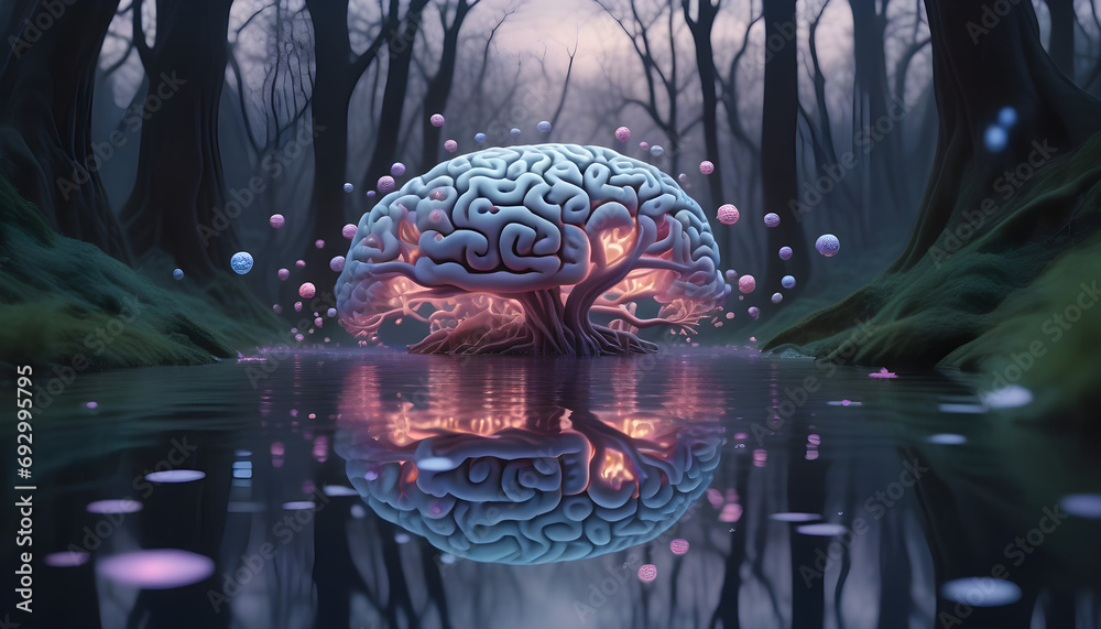 surreal depiction of a brain-shaped forest at twilight, where luminous thought-bubbles bloom like exotic flowers tranquil river of mindfulness flows created with generative ai - obrazy, fototapety, plakaty 