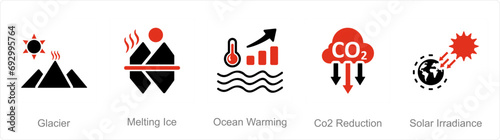 A set of 5 climate change icons as glacier, melting ice, ocean warming