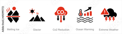 A set of 5 climate change icons as melting ice, glacier, co2 reduction