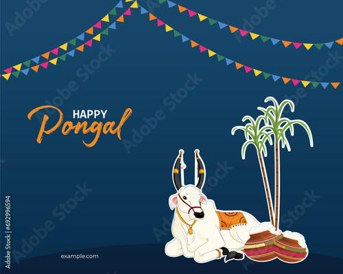 Vector illustration Happy Pongal with sugarcane and cow post editable template 
