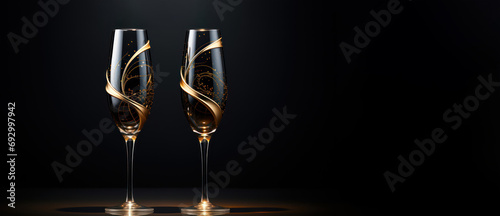 New Year Champagne for festive cheers with gold sparkling bokeh background. Glasses of sparkling wine in front of tender bright gold bokeh. Holiday golden glitter confetti photo