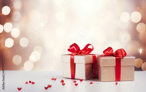 Valentine's Day background concept. Golden gift boxes with red ribbon bow tag over blurred heart shape bokeh background with lights.