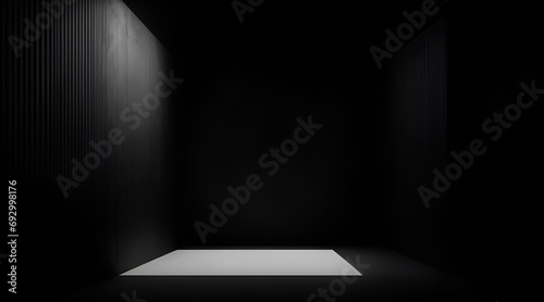 Empty room and black wall background. For logo mockup or product display. Empty interior with bright spotlight casting dark shadows.