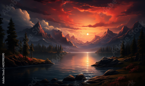 Fantasy landscape with lake and mountains at sunset. Digital painting