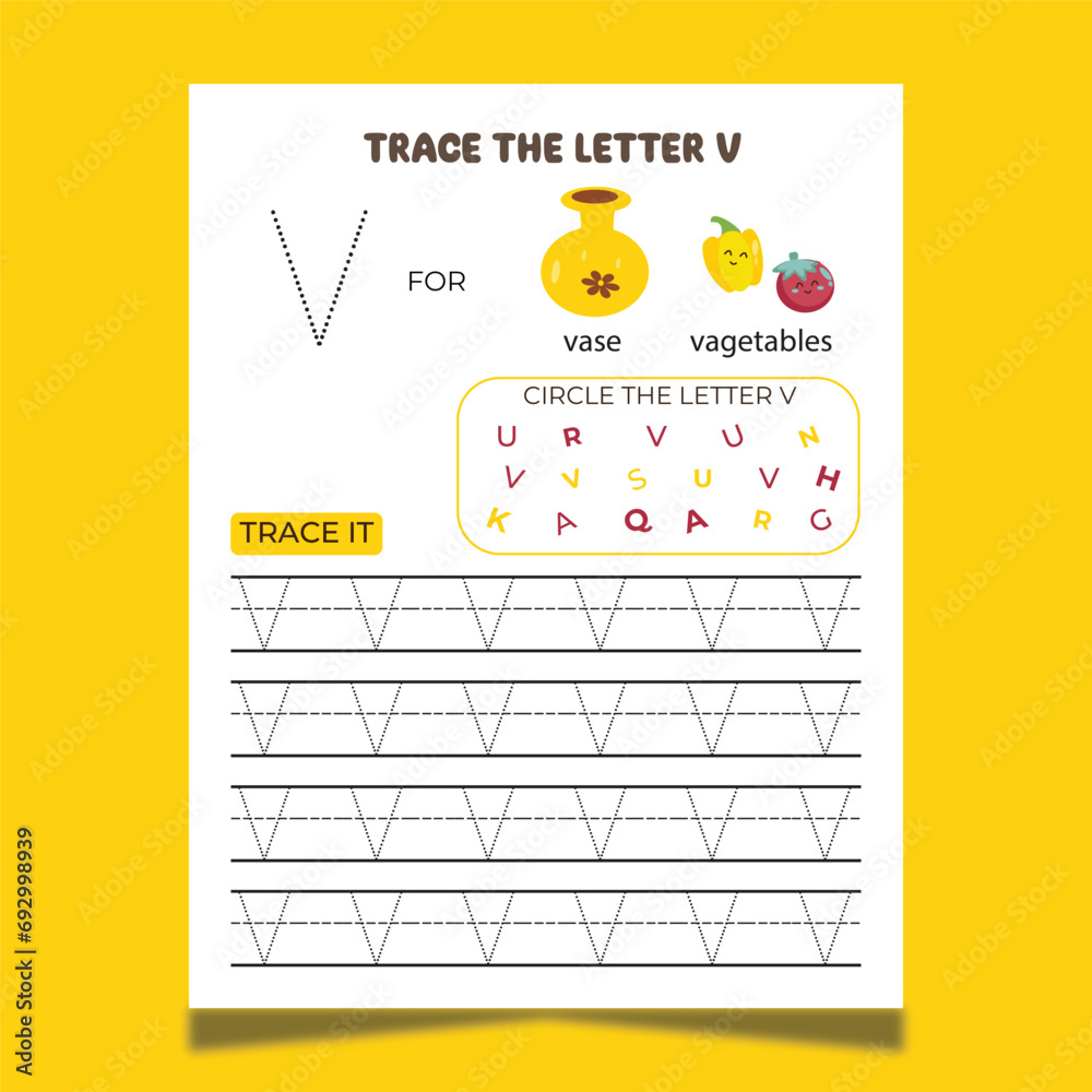 vector alphabet tracing worksheet with letter and vocabulary Stock ...