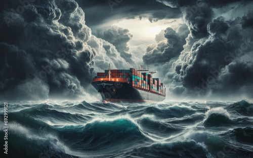 Container Cargo ship in the ocean fighting storm