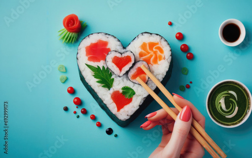 Heart shaped Valentine day sushi set. Classic sushi rolls, philadelphia, maki set for two, with two pairs of chopsticks for Valentine's dating dinner