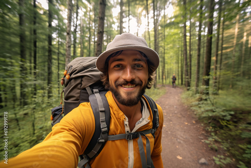 Happy man with hat and backpack taking selfie portrait walking in the forest