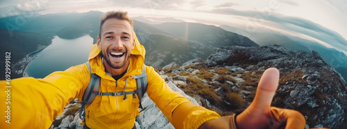 Young hiker man taking selfie portrait on the top of mountain - Tourism, sport life style and social media influencer concept.
