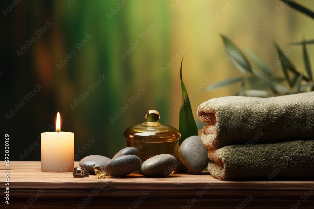 Tranquil spa concept sea stones balance on wooden table with candle, towel, and space for text