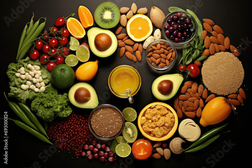 Food for good health and fitness concept with fruit, vegetables, grains