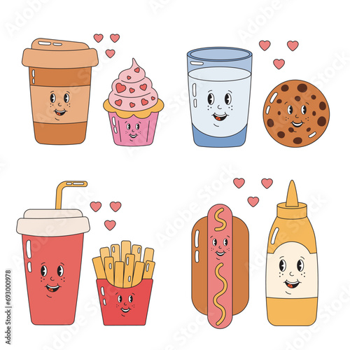 Groovy hippie love couples. Valentine's day groovy design. Milk and cookie, coffee and muffin, free and cola, hot dog and mustard. Romantic illustration in trendy retro 60s 70s cartoon style.