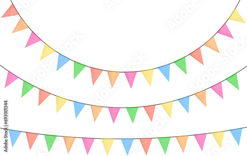 Birthday bunting garlands with flags made of shredded pieces of fabric. Decorative multicolored party pennants for festival, party celebration.