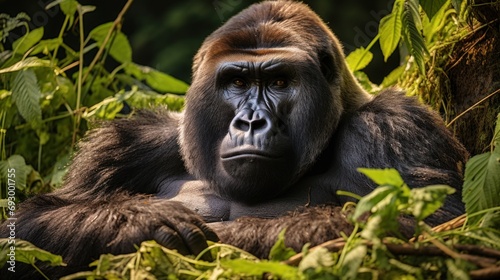 A silverback mountain gorilla rests in the undergrowth of Uganda's © sirisakboakaew