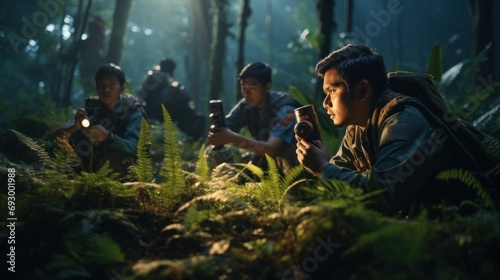 Asian Scout students, led by a squad leader and a group of Scouts wearing scout uniforms are exploring nature photo