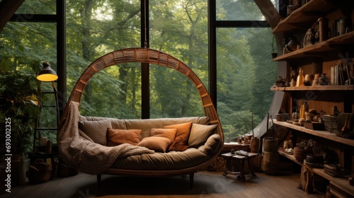 Contemporary  cozy living space with hammock  couch  rug  and shelf.