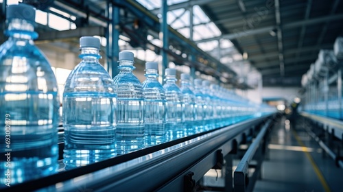 Drinking water plant factory cleaned clear drink water bottle no label in production line. photo