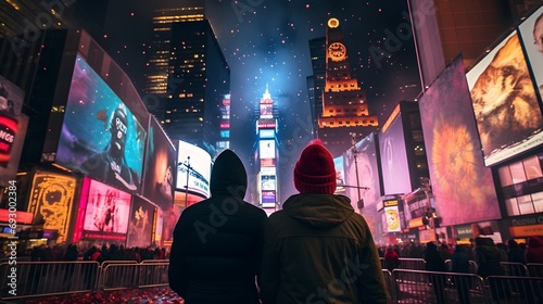 Romantic Couple's New Year's Eve in Times Square, New York, Celebrating their love and new year © AiHRG Design
