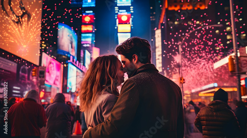 Romantic Couple's New Year's Eve in Times Square, New York, Celebrating their love and new year