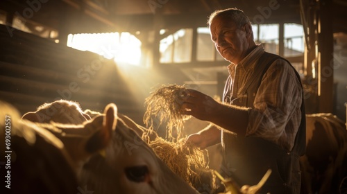 Farmer holding organic mixture food of corn and wheat and giving them to cows in barn farm