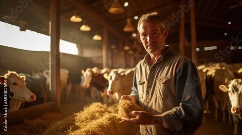 Farmer holding organic mixture food of corn and wheat and giving them to cows in barn farm © sirisakboakaew
