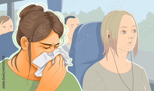 A woman blows her nose on public transportation. A woman cries on public transport. Healthcare illustration. Vector illustration.