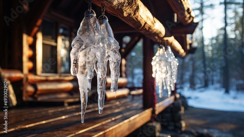 Frozen ice hanging from a log house.