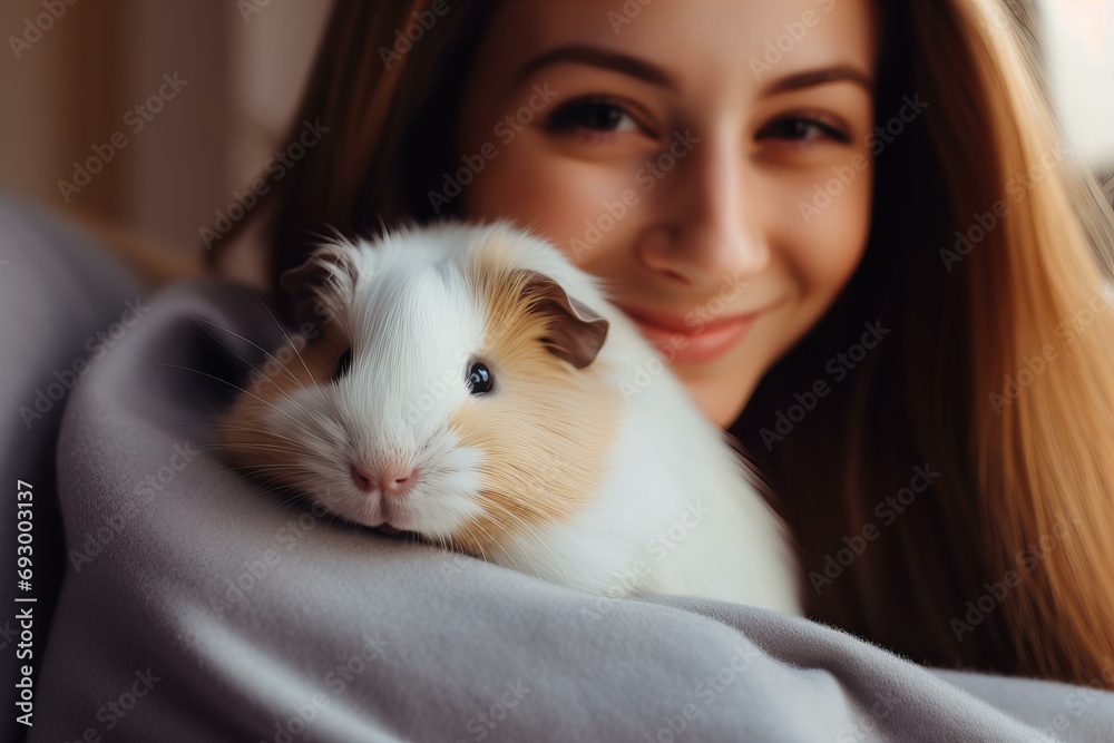 a woman in neutral color cosy sweater sitting in the armchair with a cute guinea pig cuddling in her lap, cosy vibes, close up macro detail a woman in neutral color cosy sweater sitting in the armchair with a cute guinea pig cuddling in her lap, cosy vibes, close up macro detail