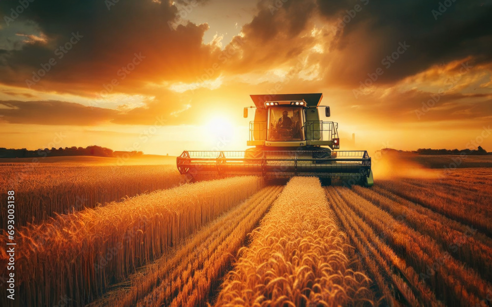 Fototapeta premium Combine harvester harvesting ripe wheat on big wheat field and tractor