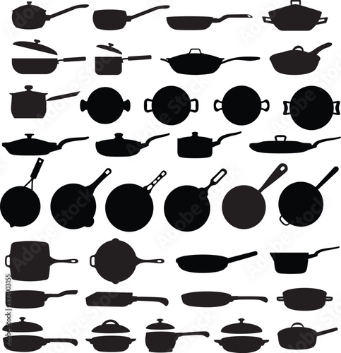 Collection of frying pan silhouettes isolated on white background