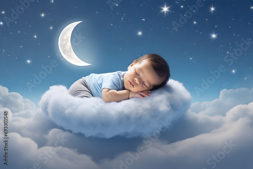 nonato maschio che dorme su nuvola cielo stellato neonato bambini  photo