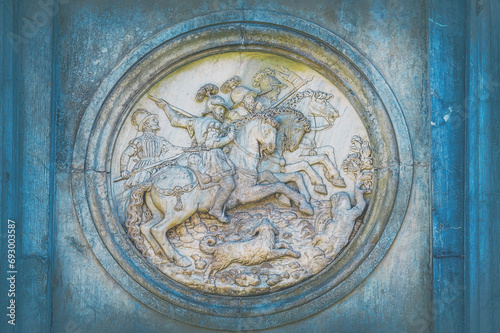 Medieval marble decoration on facade of the Charles V palace, Alhambra, Spain photo