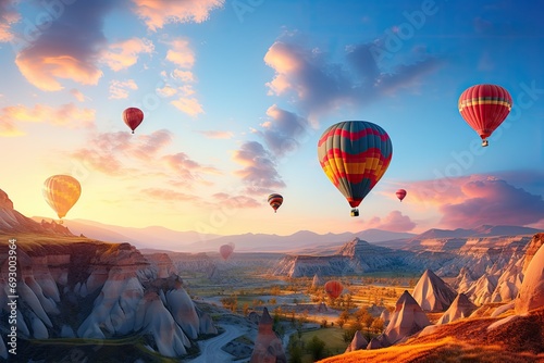 Whimsical scene of hot air balloons soaring over a picturesque landscape during a vibrant sunrise, adventure and exploration © Nino Lavrenkova