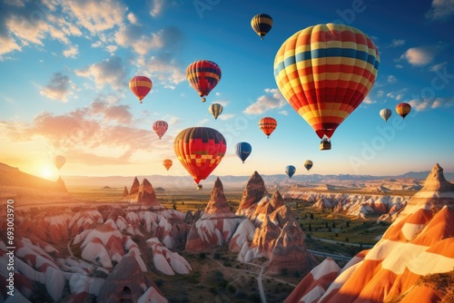 Whimsical scene of hot air balloons soaring over a picturesque landscape during a vibrant sunrise, adventure and exploration © Nino Lavrenkova