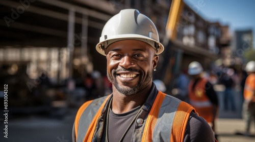 Portrait of a happy African American construction worker looking at the camera and smiling - building
