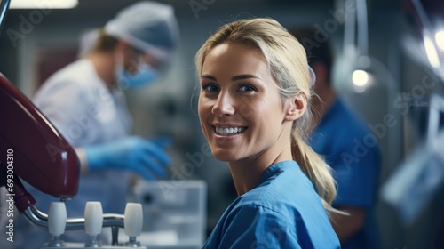 Portrait of a female dentist working in dental clinic with patient